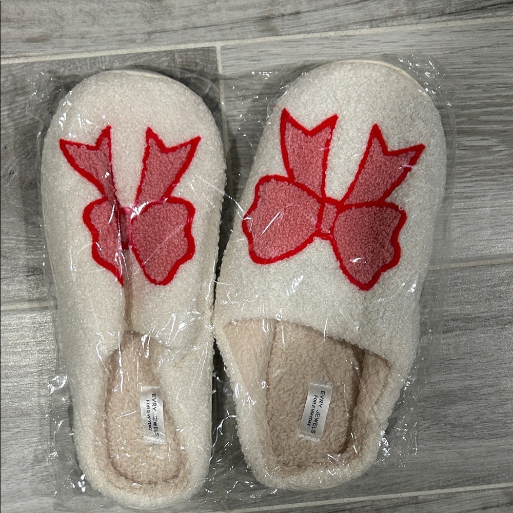 Cozy White Slippers with Red Bow